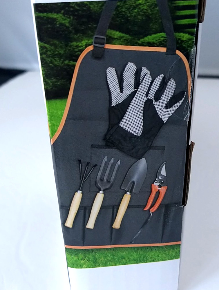 Garden Tools Set of 6 Hand Pruner Wood Handle Rake Trowel Fork Apron Gloves New