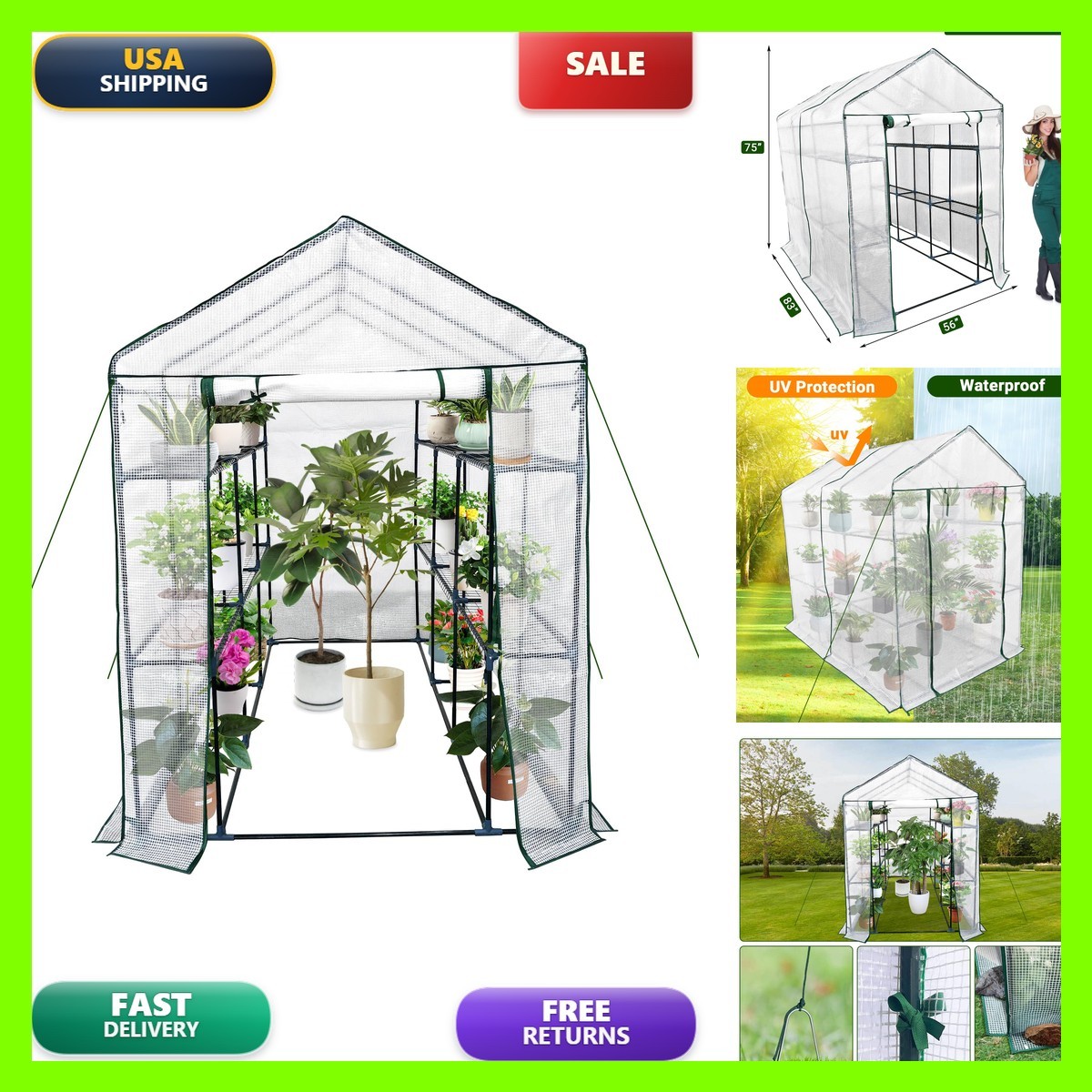 Garvee Walk-in Greenhouse 57x85x76″ 3-Tier 12 Shelves for Patio Backyard