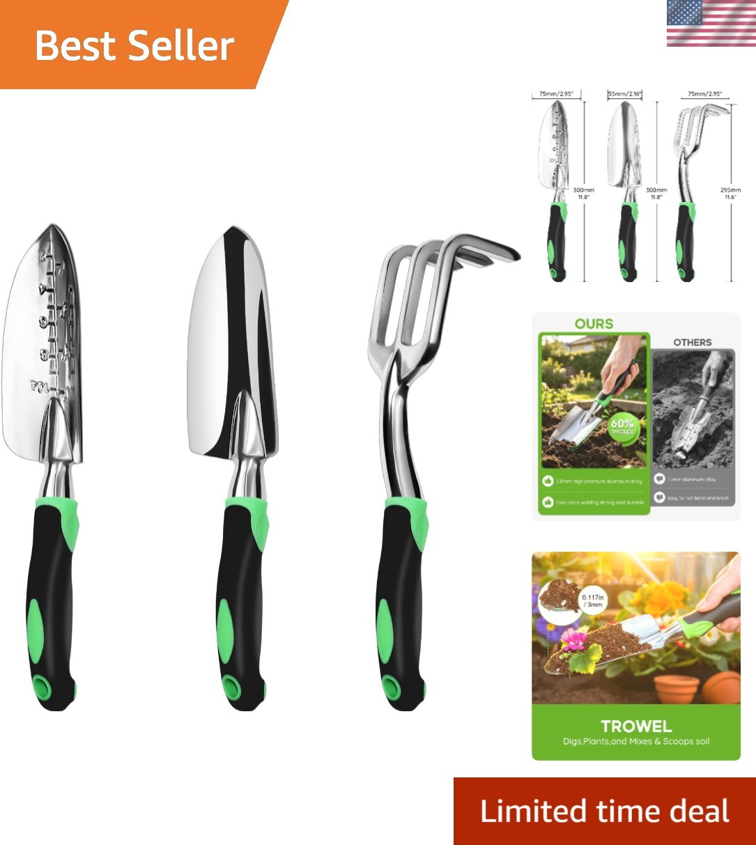 Heavy-Duty Gardening Kit: Hand Trowel, Transplant Trowel, Cultivator Rake