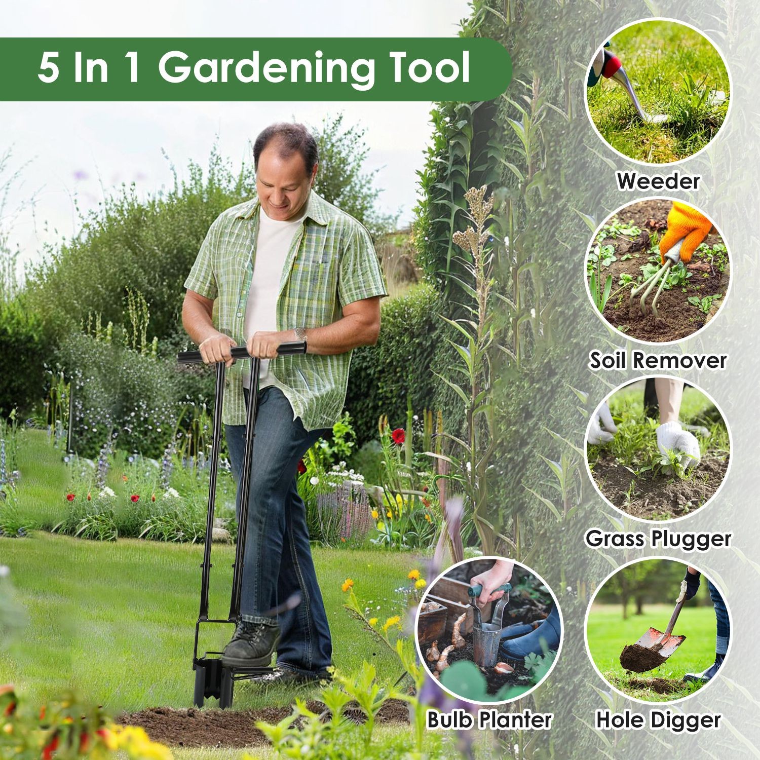 Long Handle 5 In 1 Bulb Planter Tool W/ Gloves &Brush Serrated Base For Tulips