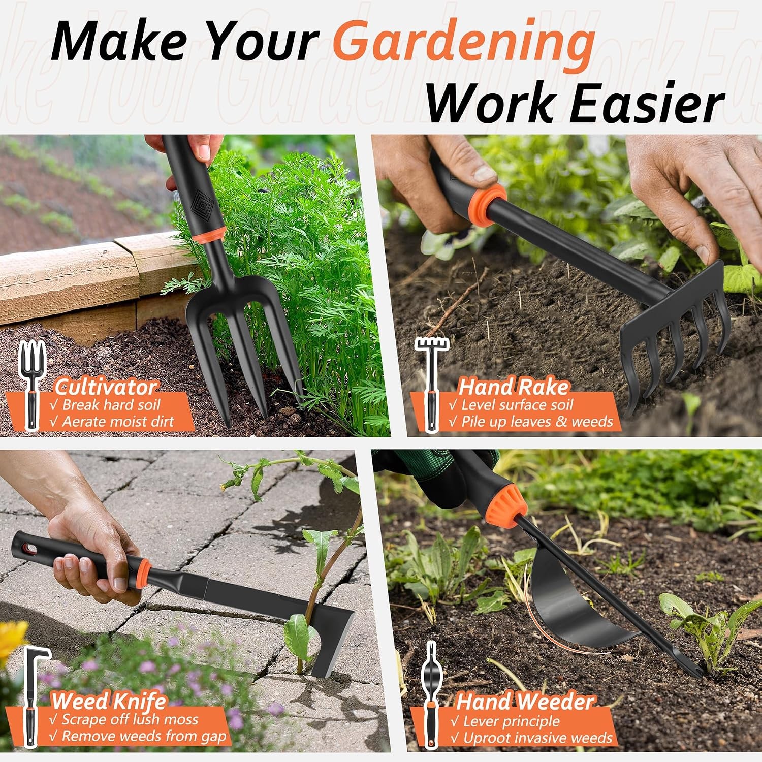 HaSteeL 11-Pc Garden Tool Set w/Tote, Mat, Trowel, Rake, Pruner