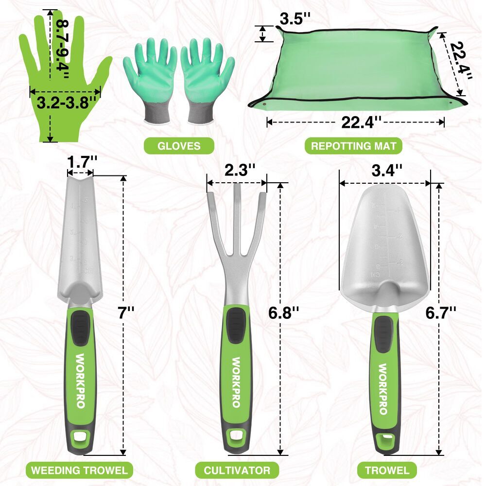 WORKPRO 5PCS Garden Tool Set Aluminum Garden Tool with Repotting Mat Rake Gloves