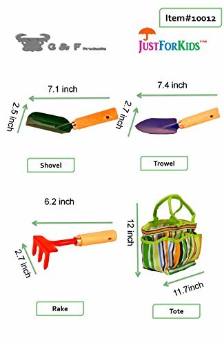 G & F 10012 JustForKids Kids Garden Tools Set with Tote hand rake shovel trowel