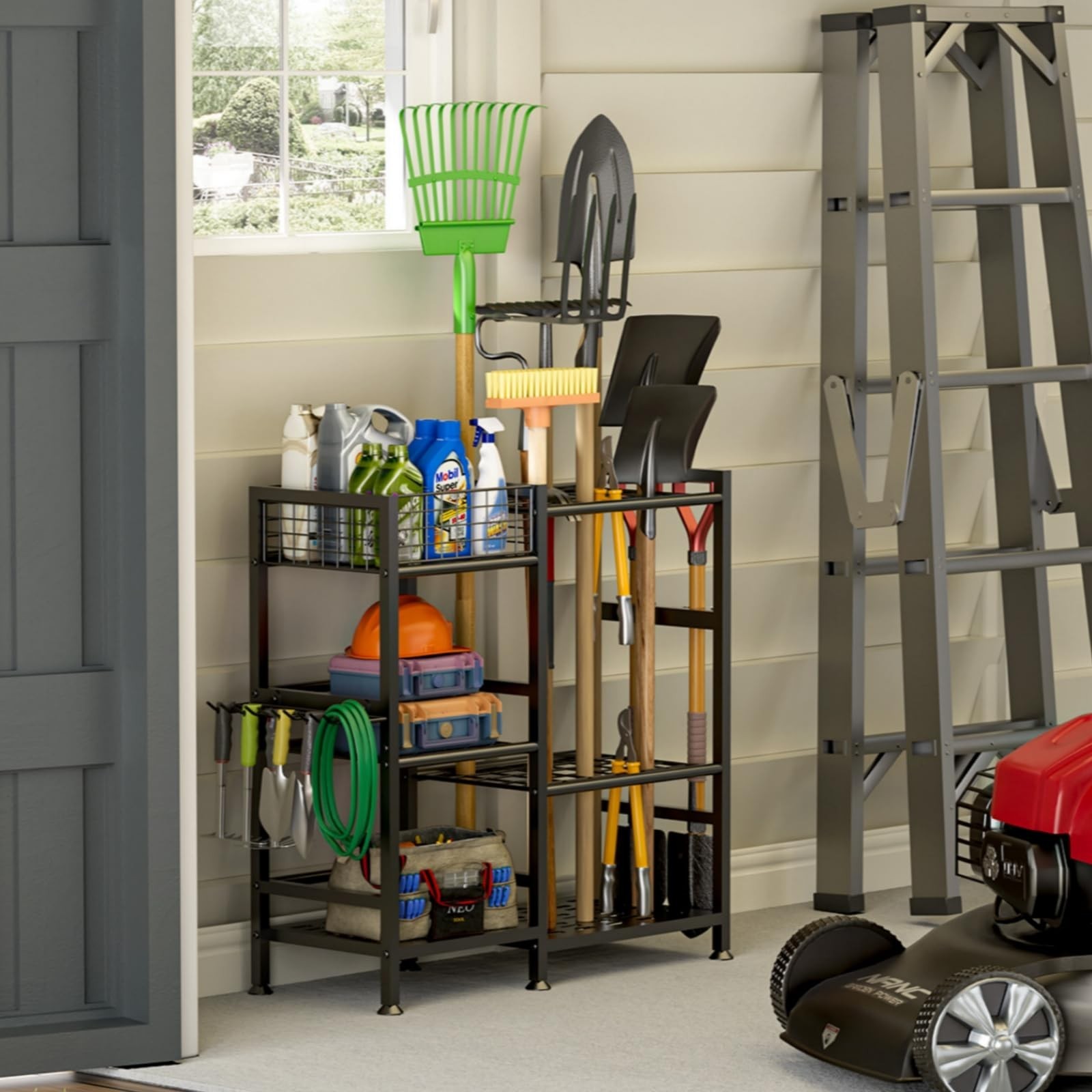 Keomaisyto Garden Tool Organizer With Basket – 3 Tier Yard Storage Rack for G…