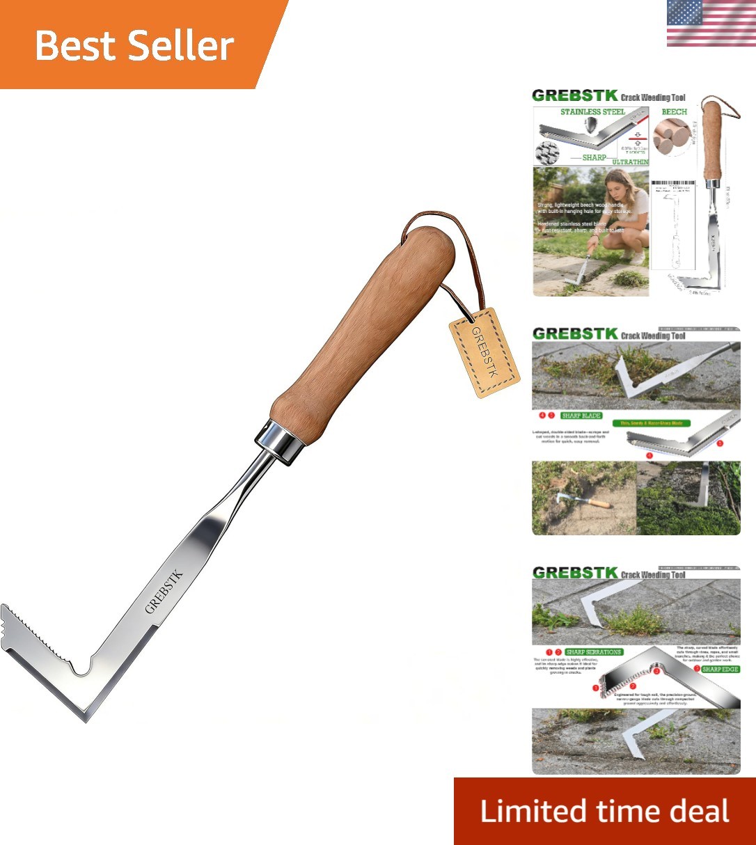 13″ Crack Weeder Tool: Lightweight Beech Handle & Razor-Sharp Stainless Steel