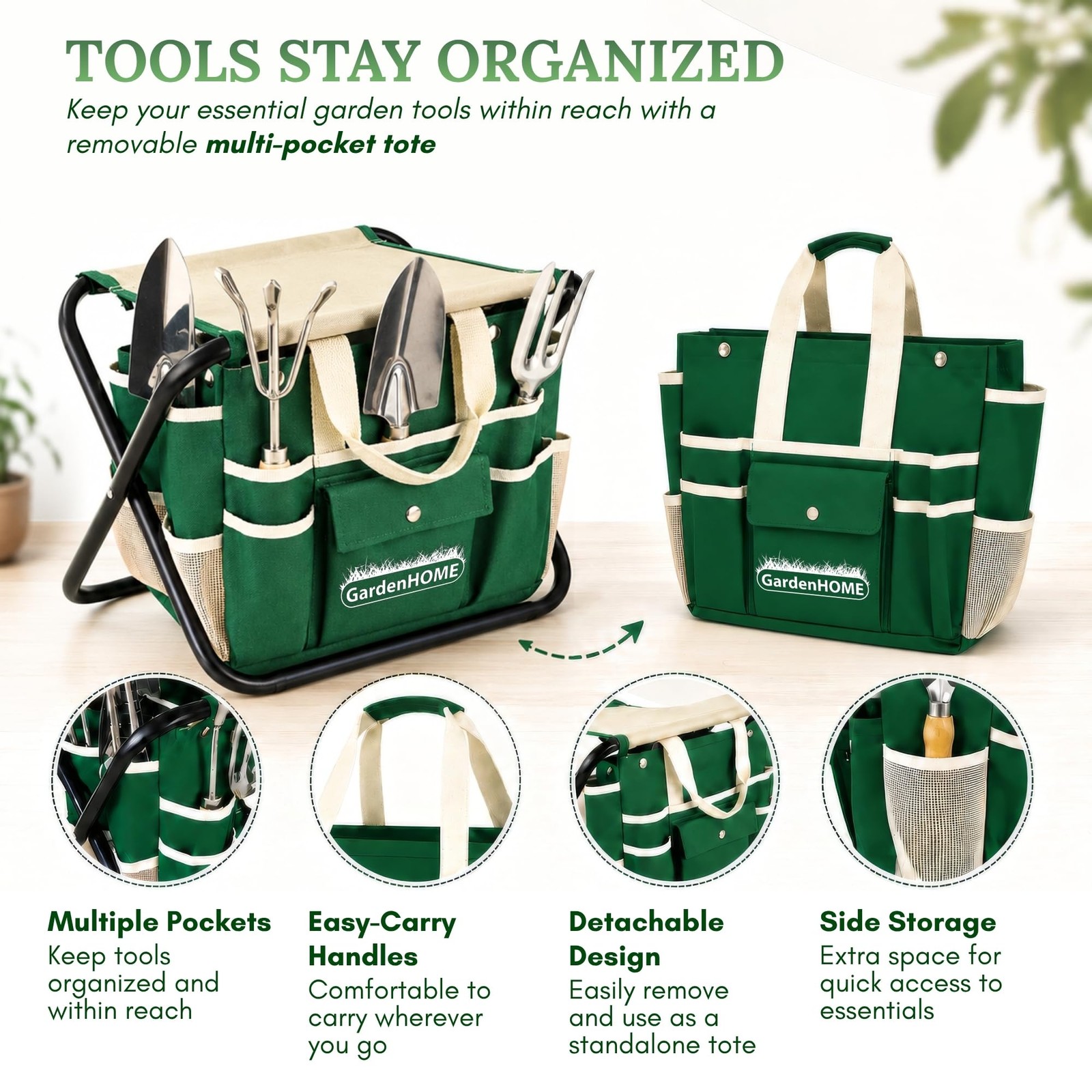 7~Piece Garden Tool Set with Folding Stool, Tote, Stainless Steel