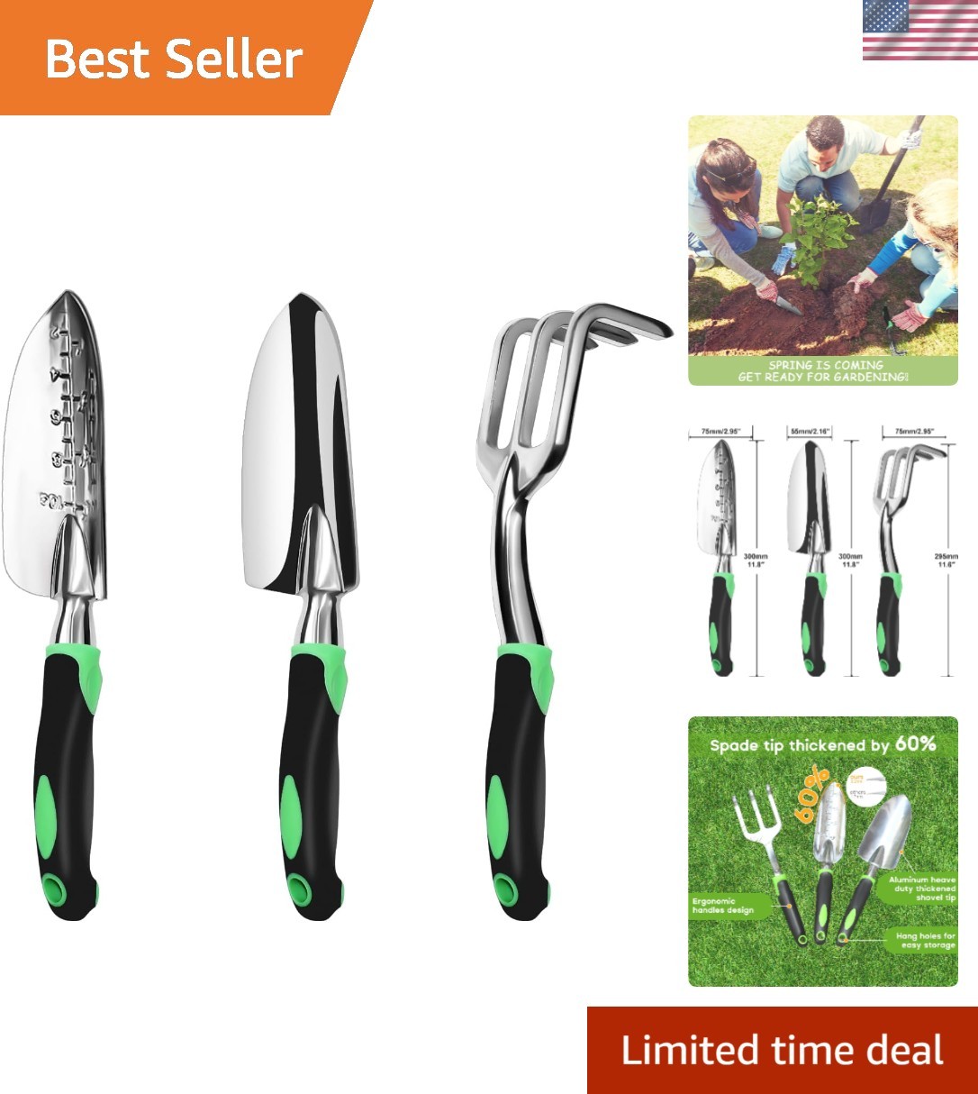 Ergonomic Garden Tool Set: Hand Trowel, Transplant Trowel & Cultivator Rake