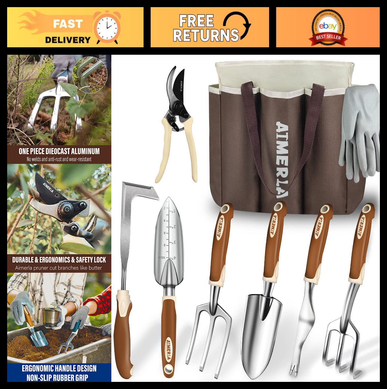 Gardening Tools Set of 9 – Heavy Duty, Non-Slip Grip, Durable Hand Tools & Garde