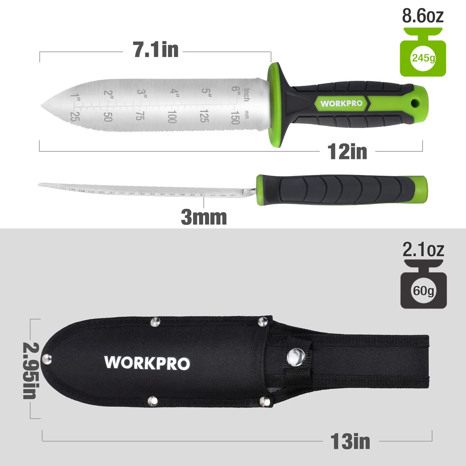 WORKPRO Green/Pink Hori Hori Garden Knife 7″Stainless Steel Blades Oxford Sheath