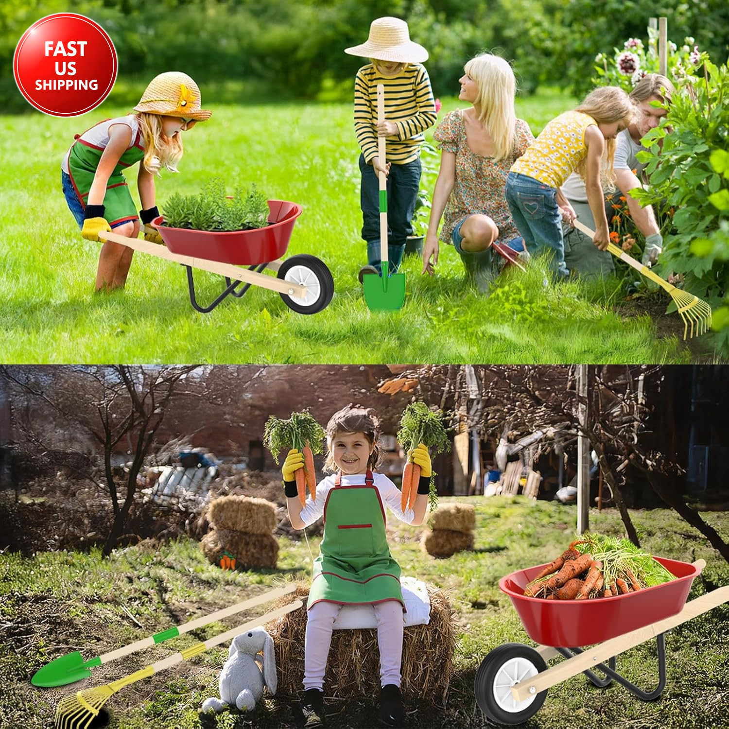 Kids Gardening Wheelbarrow Set, Metal & Wooden Garden Tools for Kids Ages 3-8, R