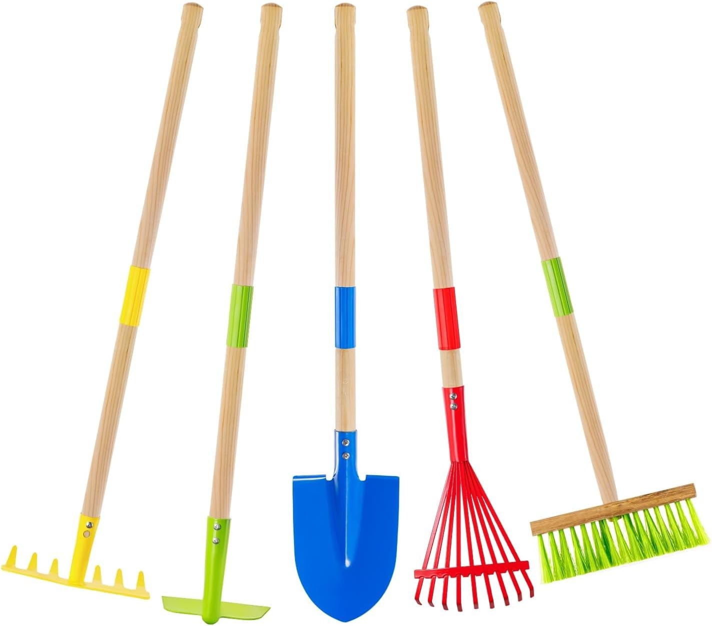 Theefun Kids Garden Tool Set Wooden Handles Metal Head Shovel Rake Hoe Broom Toy