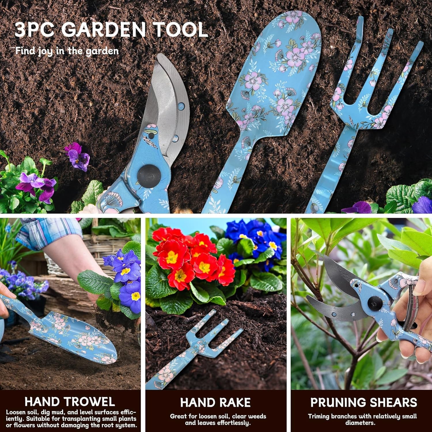 Garden Tool Set, 3 Piece Floral Gardening Tools for Women, Aluminum Gardening Ha