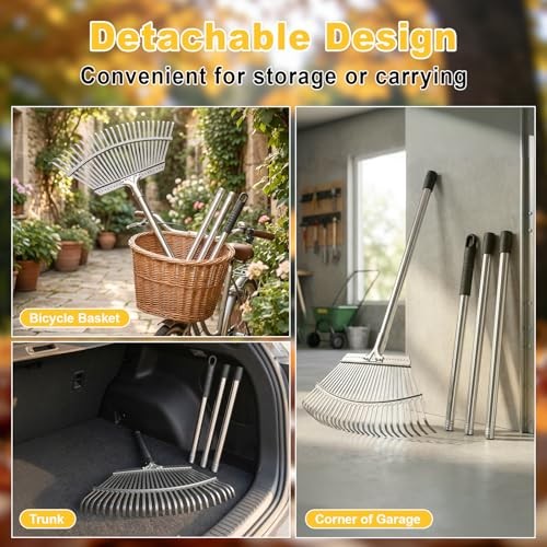 Adjustable Leaf Rake, 18-Inch Wide Heavy Duty Garden Rake with 62-Inch Long