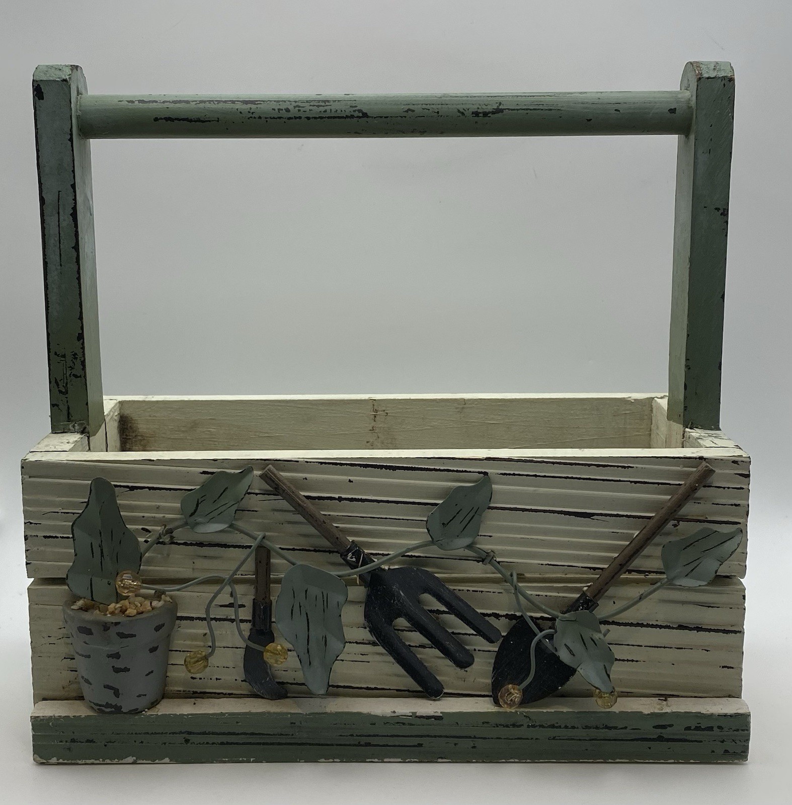 Shabby Chic Garden Tool Caddy, Green & White Painted Wood W/Handle, 9x9x4.5”