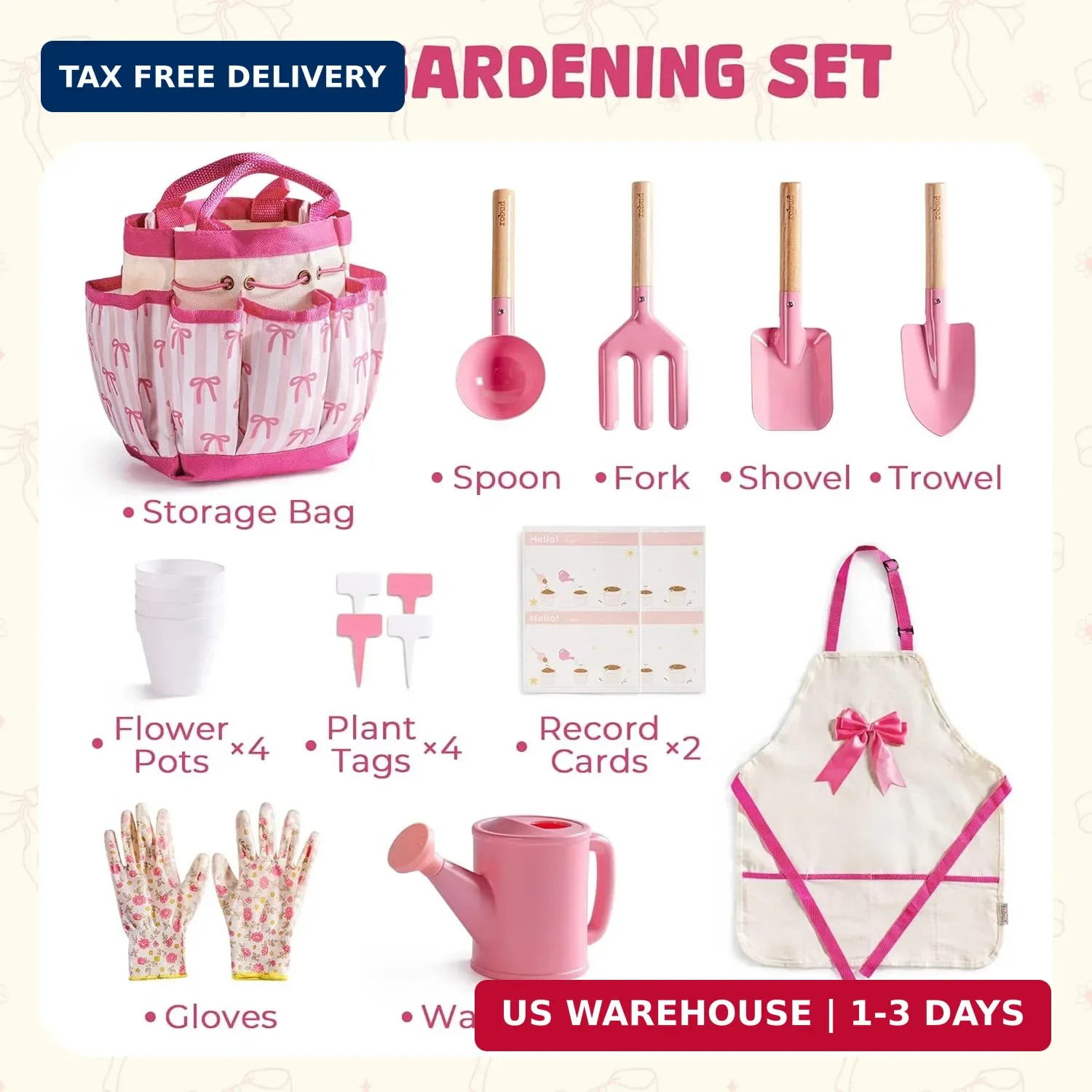 ROBUD Kids Gardening Set 18 PCS Bow Theme Garden Tools for Kids with Storage Bag
