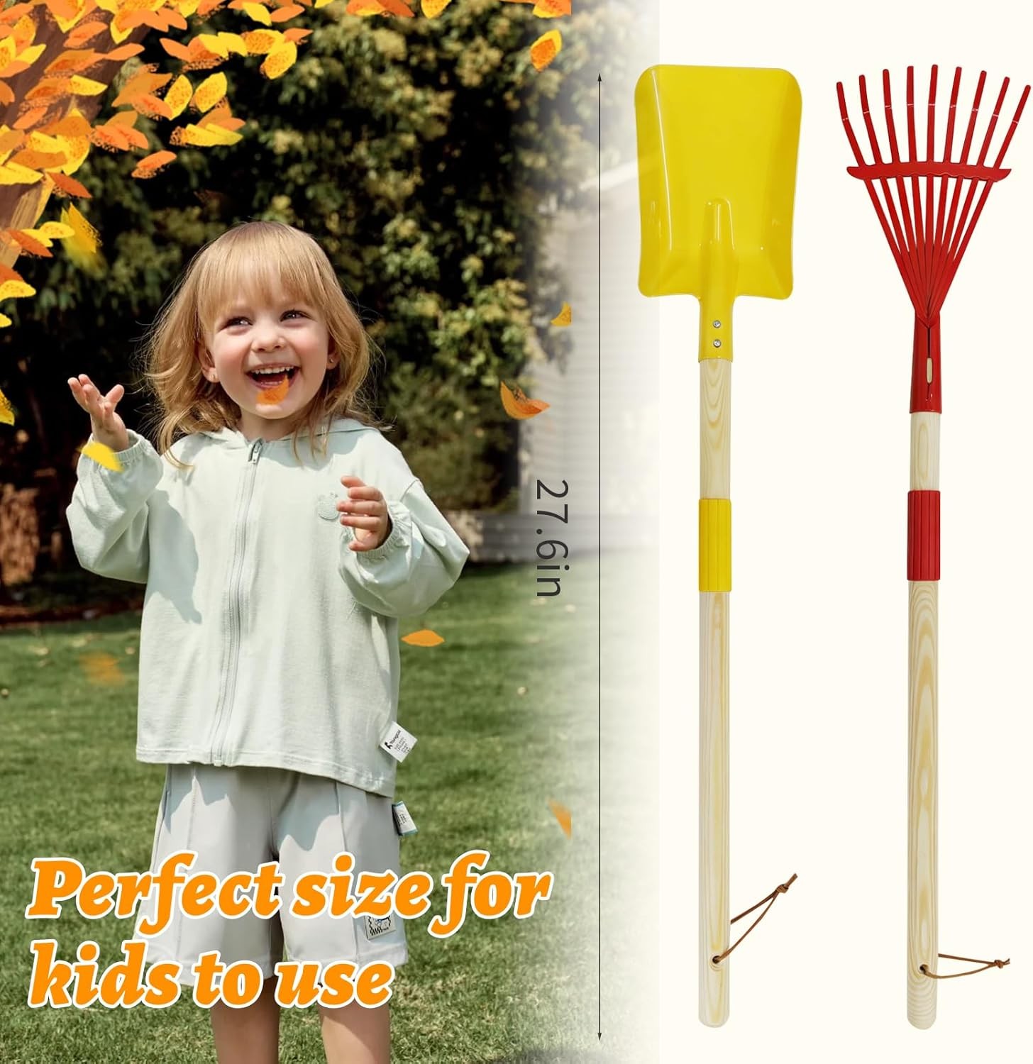 2 Pcs Kids Rake and Shovel Set 28″ Toddler Size Metal Snow Shovel & Leaves Rake