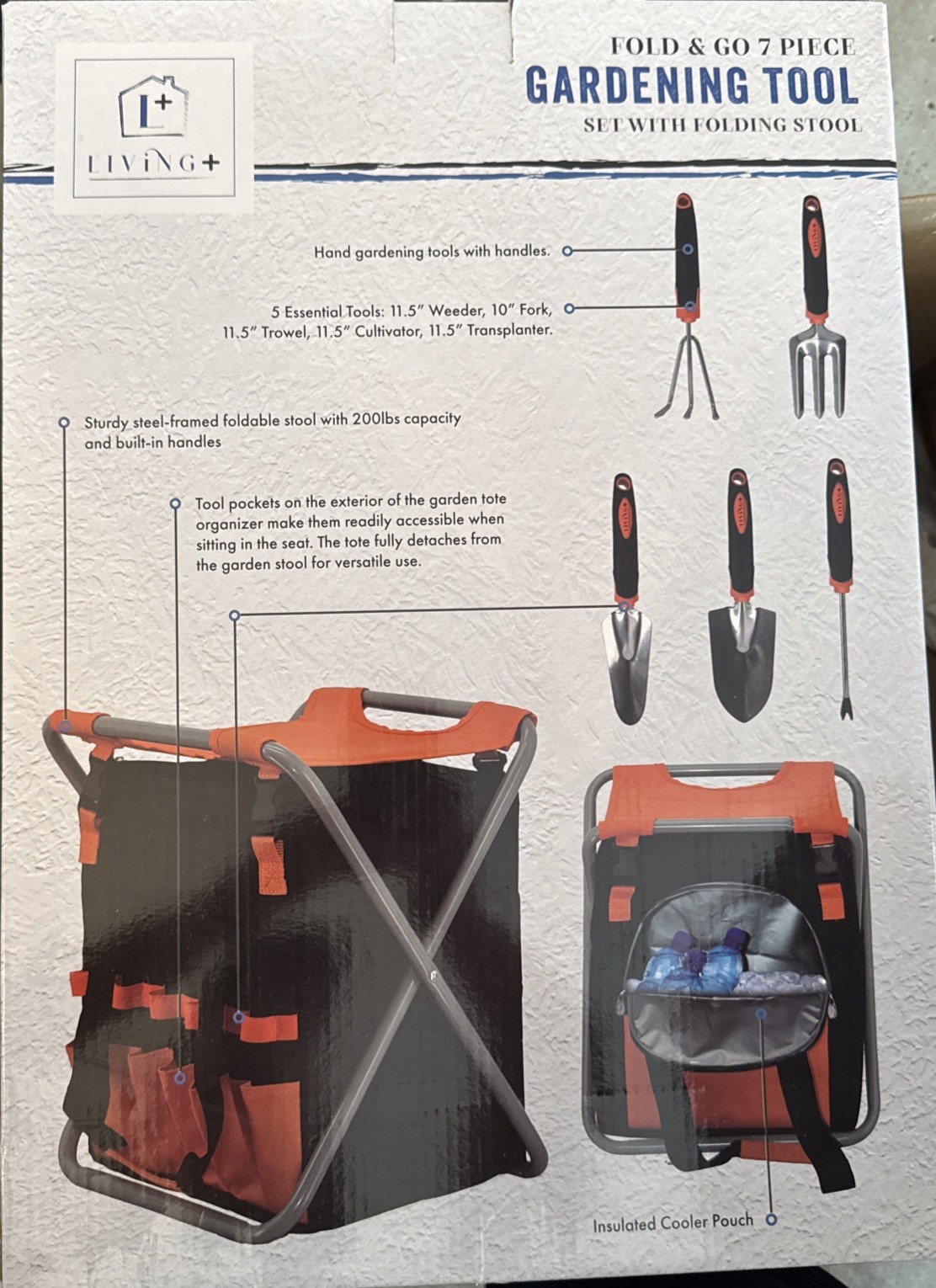 Garden Tools Set 7 Piece with Folding Stool Spade Trowel Weeder Shovel Rake