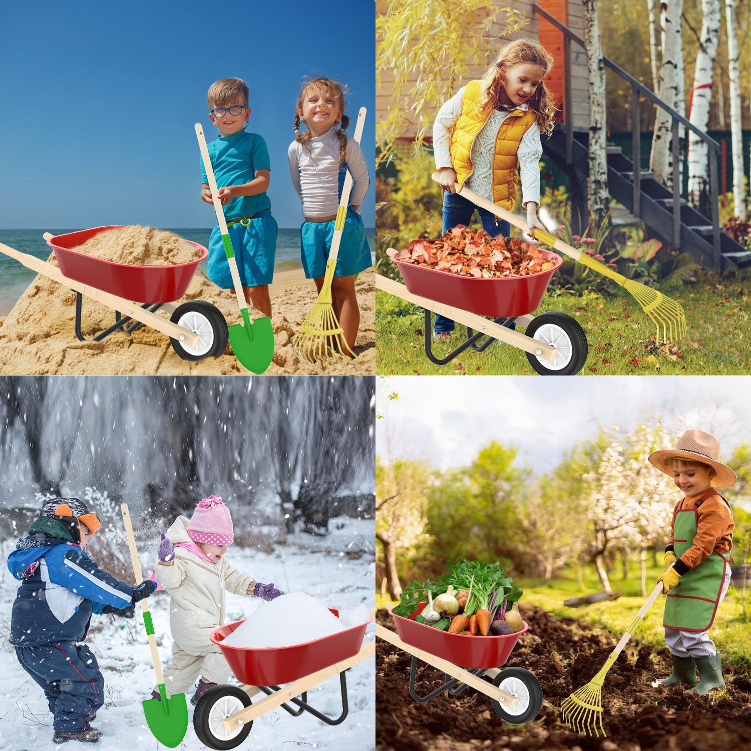 Kids Gardening Wheelbarrow Set, Metal & Wooden Garden Tools for Kids Ages 3-8…