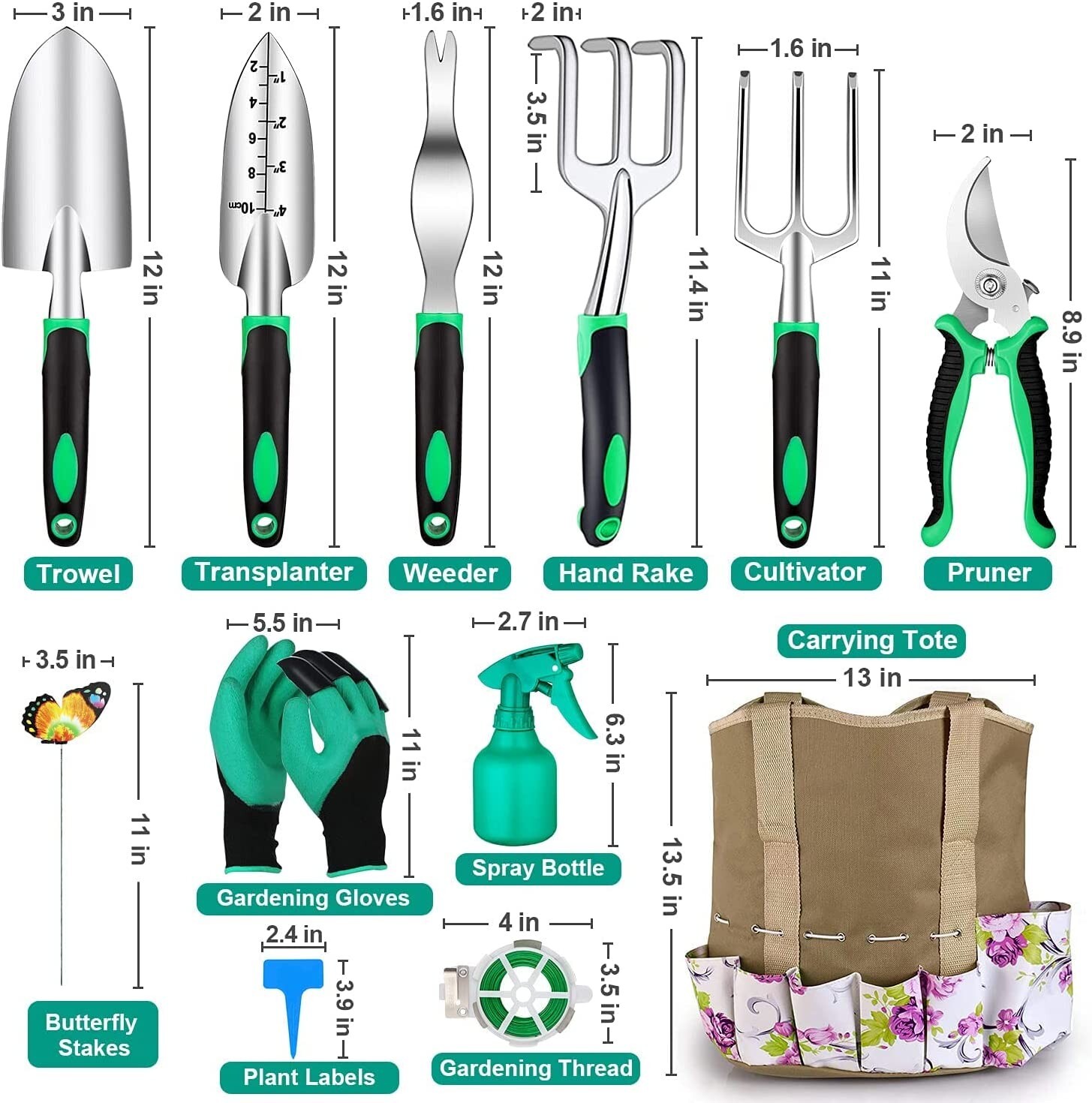 82pack Heavy Duty Garden Tools Aluminum w/ Soft Rubberized Handle w/ Storag Bag