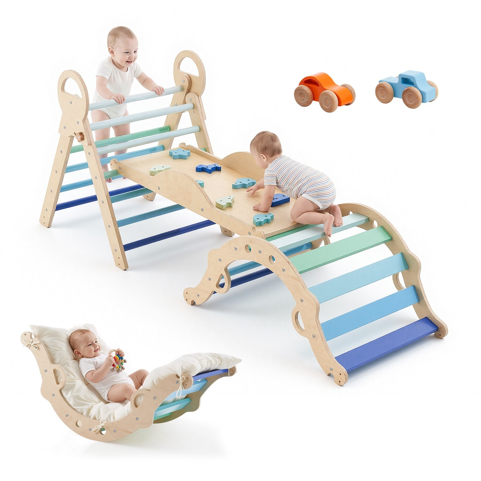 Pikler Triangle Set, 9-in-1 Toddler Climbing Toys Indoor, with 2 Wooden Cars, Cu