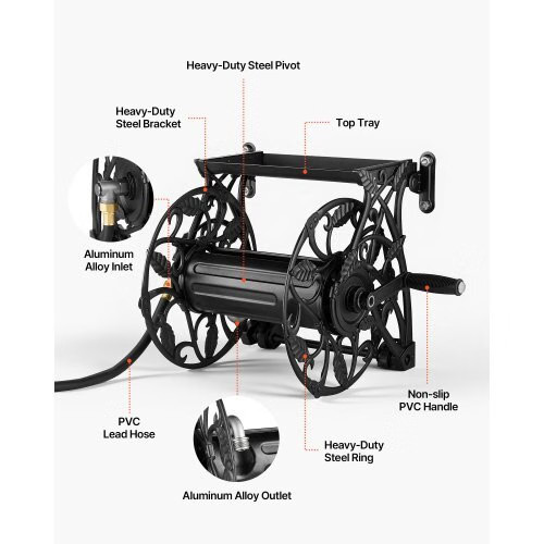 Wall Mounted Garden Hose Reel, Holds 135 Feet of 5/8-inch Hose, Outdoor Heavy-Du