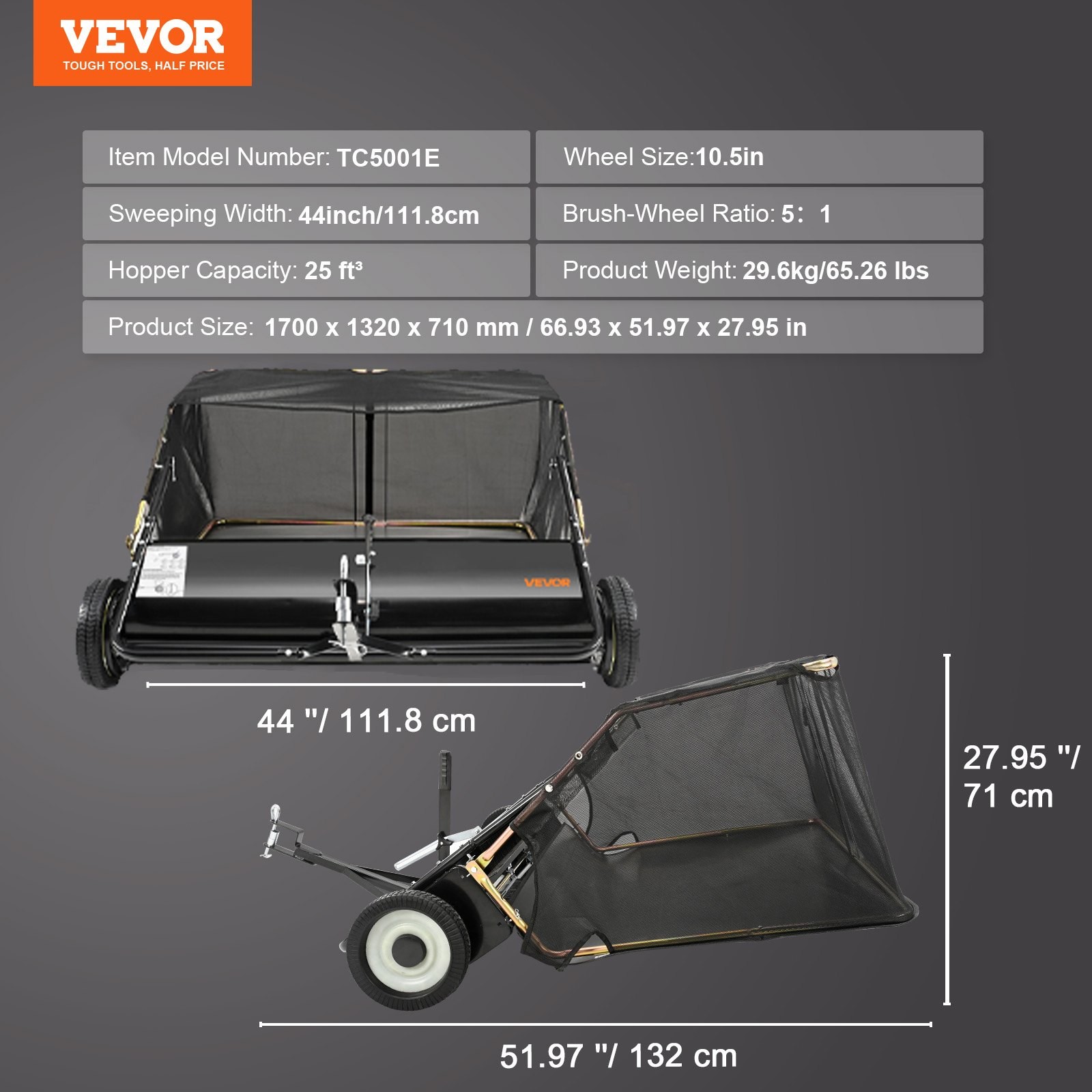 Tow Behind Lawn Sweeper, 44 in Pull Behind Lawn Sweeper, 25 cu. ft Large Capacit