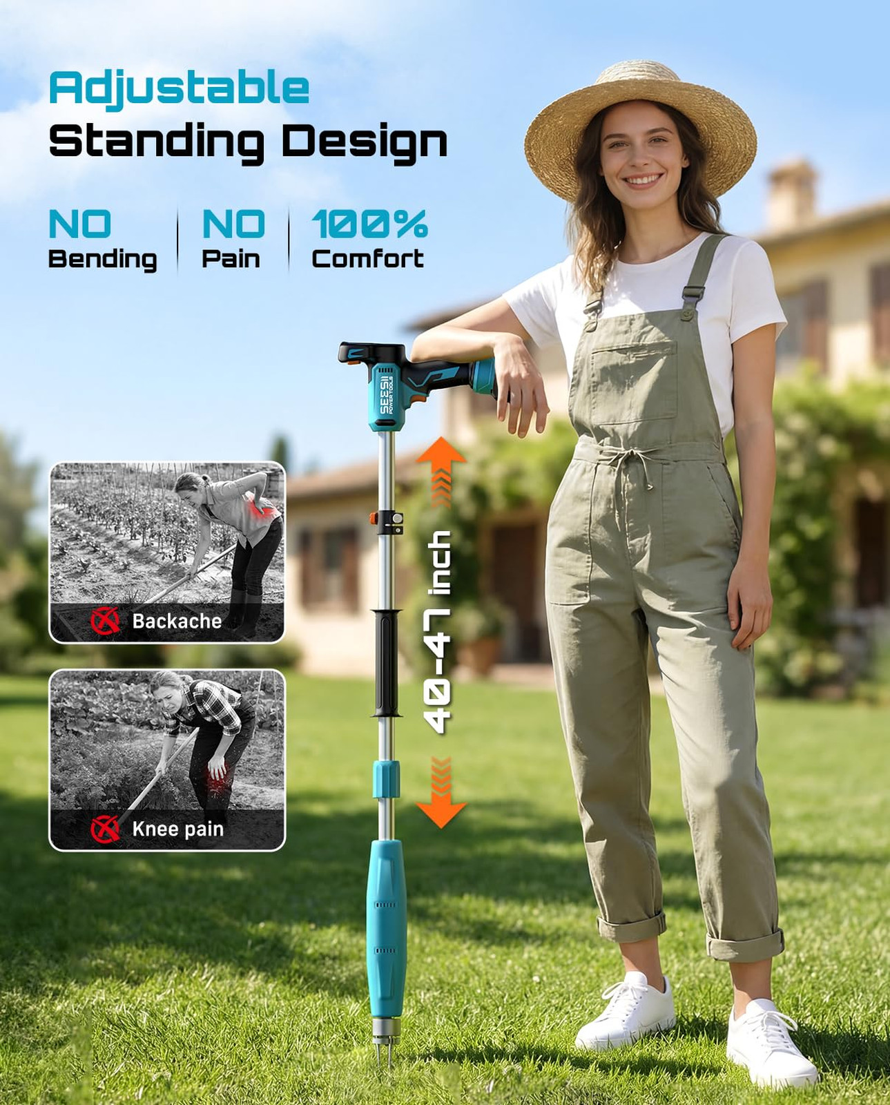 Electric Stand-Up Weed Puller Tool with 40″-47″ Adjustable Handle, High-Power
