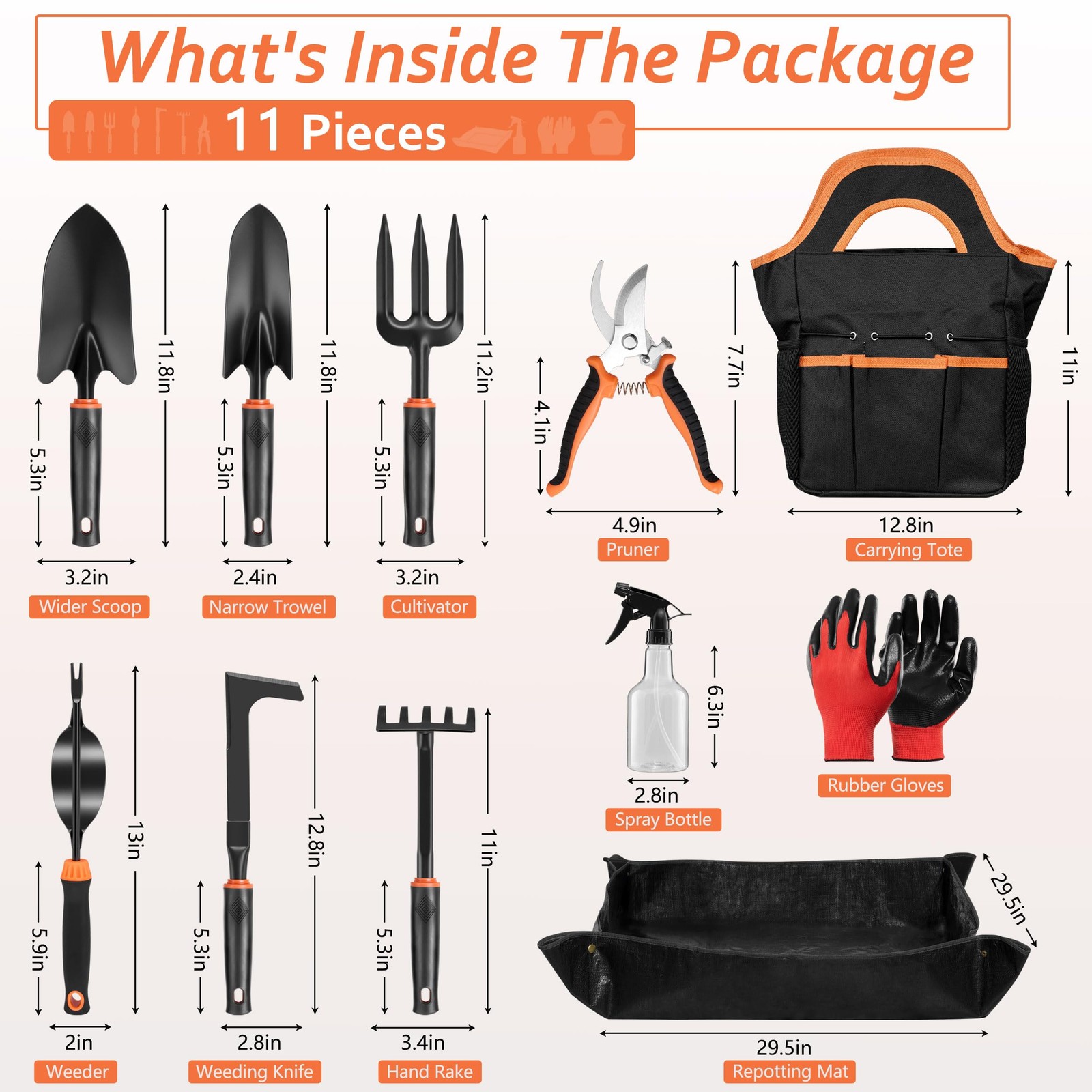 HaSteeL Garden Tools Set, 11 Pcs Gardening Supplies Hand Tool Black, Orange