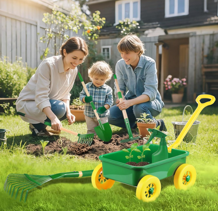 Juego Jardinería Infantil 7 Piezas con Carretilla Pala y Rastrillo Exterior