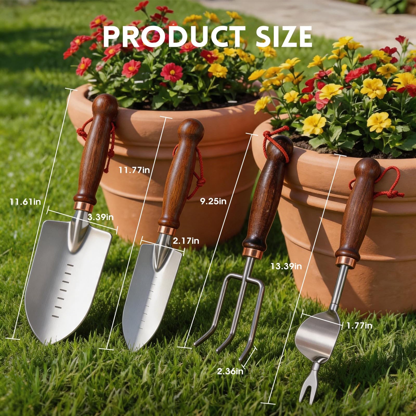 Garden Tools, 4 Pack Garden Shovel with Wooden Handles Hand Tools with Transp…