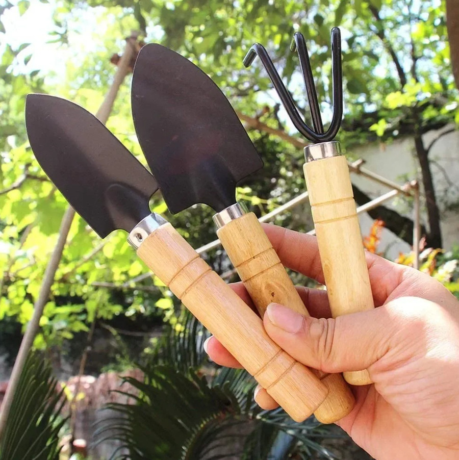 3Pcs Mini Garden Tool Set – Durable Wood & Metal Hand Tools for Plant Care – NEW