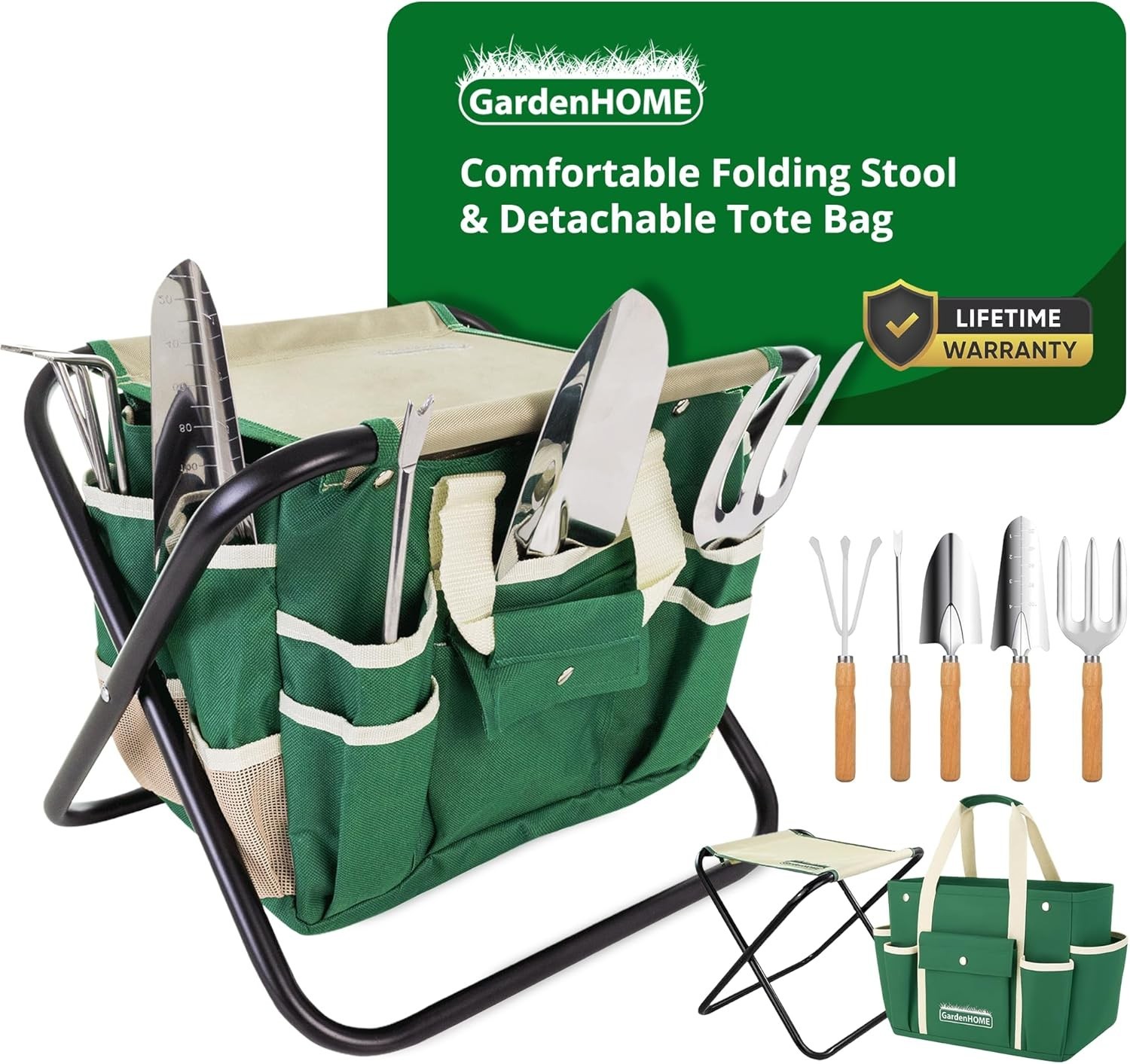 GardenHOME Garden Tool Set, Stainless Steel 7 Piece Tool Set, Heavy Duty Folding