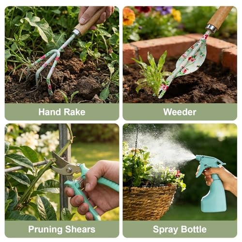 Light Green Gardening Set, 10-Piece Garden Tool Kit with Trowel, Hoe, Shovel
