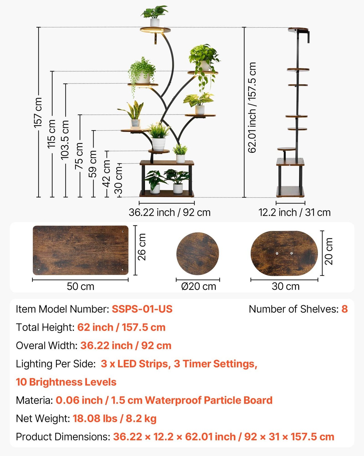 Plant Stand Indoor with Grow Lights, 62 in Tall 8-Tier Lighted Plant Shelf, Meta