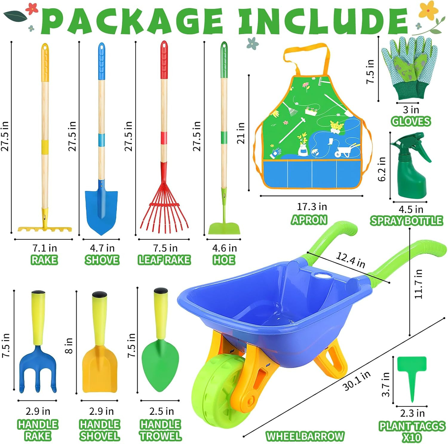 11-Piece Kids Gardening Set with Wheelbarrow, Shovel, Rake, Hoe, Gloves & Apron
