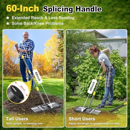 Lawn Leveling Rake: Anti Flipping 17″ x 10″ Stainless Steel Lawn Yellow – 5FT