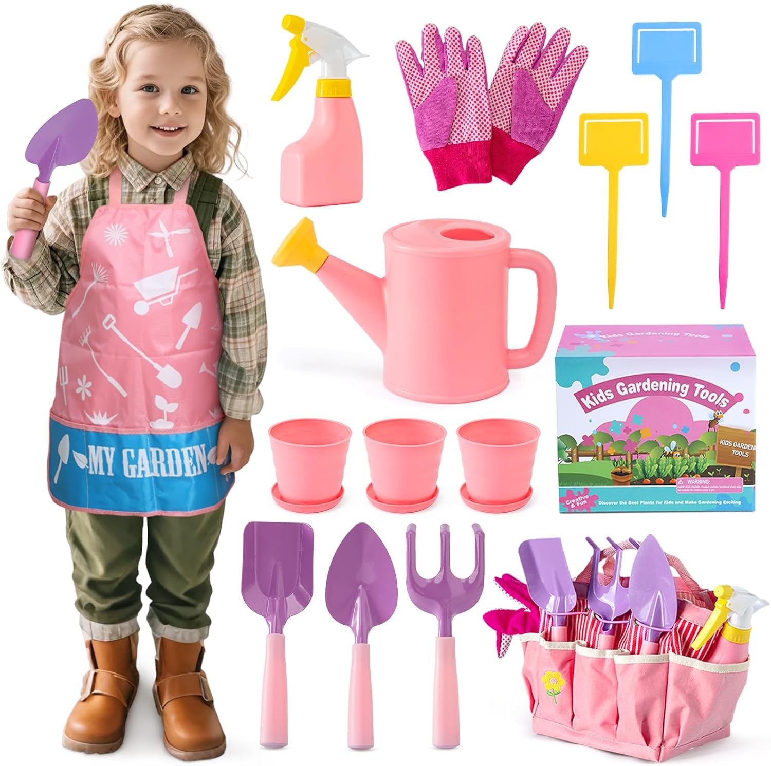Kids Pink Gardening Tools Set, Garden Toys w/Metal Rake, Shovel, Trowel, Waterin