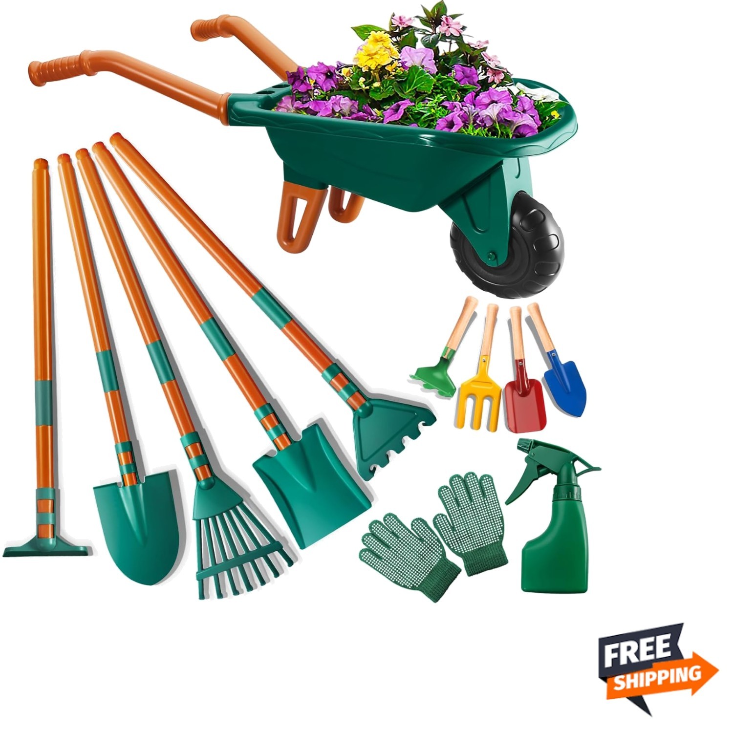 Kids Gardening Set Plastic Tools Wheelbarrow Shovel Rake Gloves Kids Outdoor