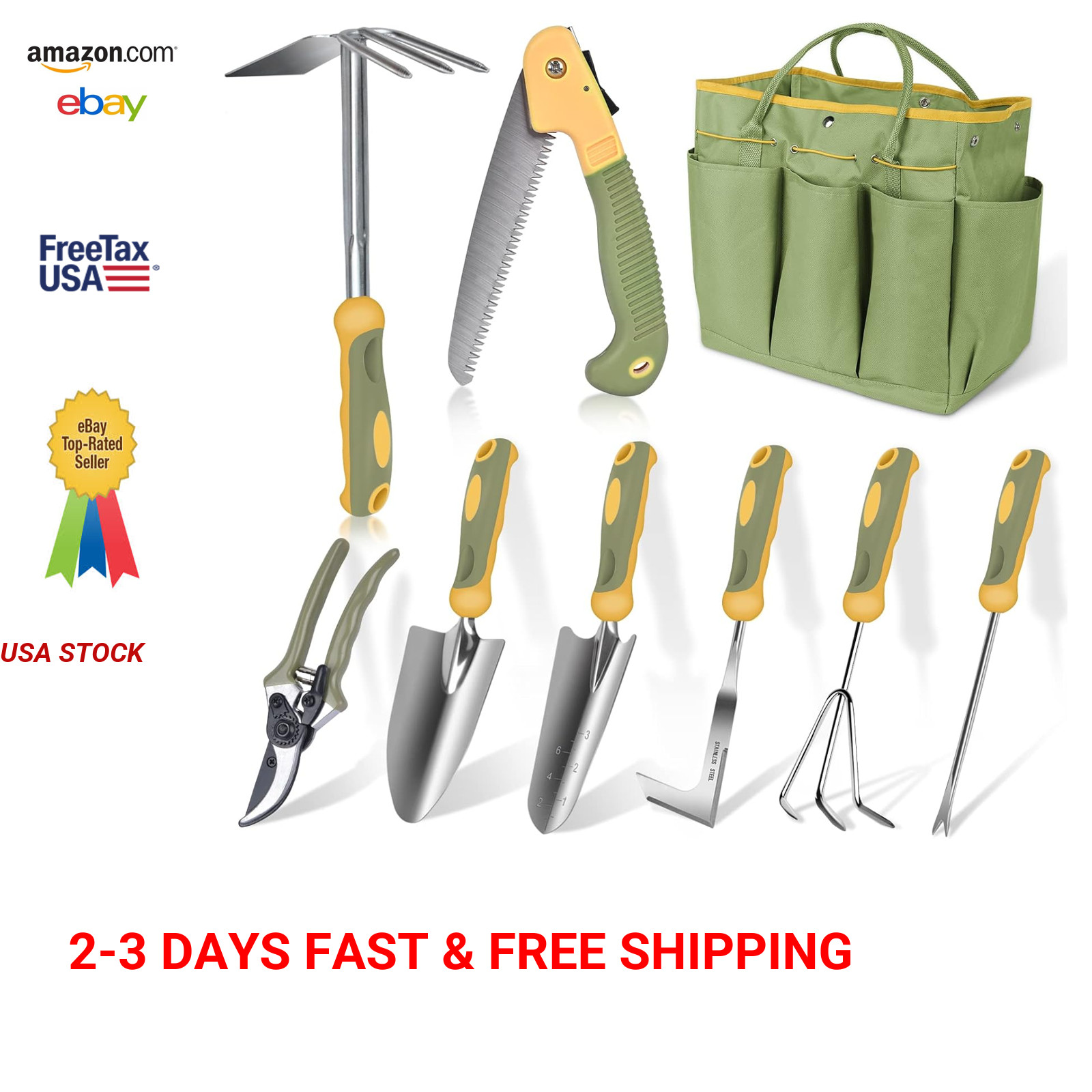 Garden Tool Set Stainless Steel 9 Piece Gardening Hand Tools Bundle with Tote