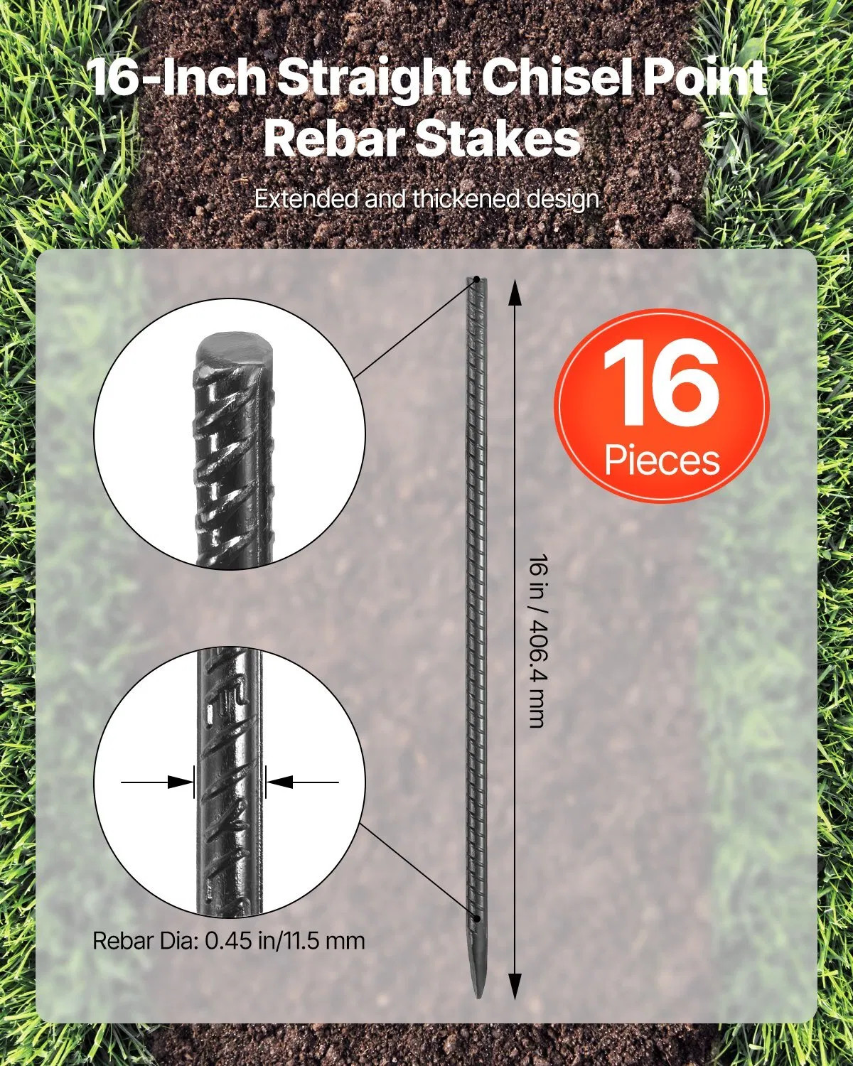 Rebar Stakes, 16-Inch, Heavy-Duty 0.45 in Diameter, Straight Galvanized Steel Gr