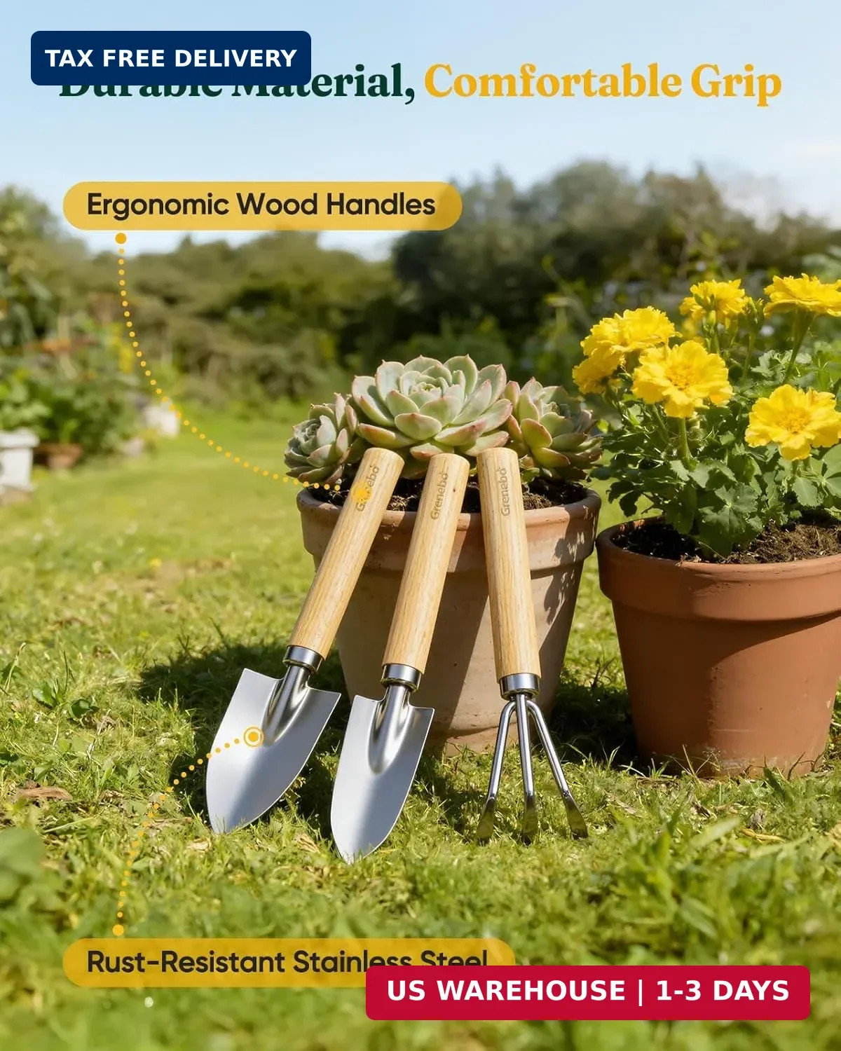 Grenebo 7-Piece Gardening Tools Set, Gift for Women, Beginners, Tools Kit with P
