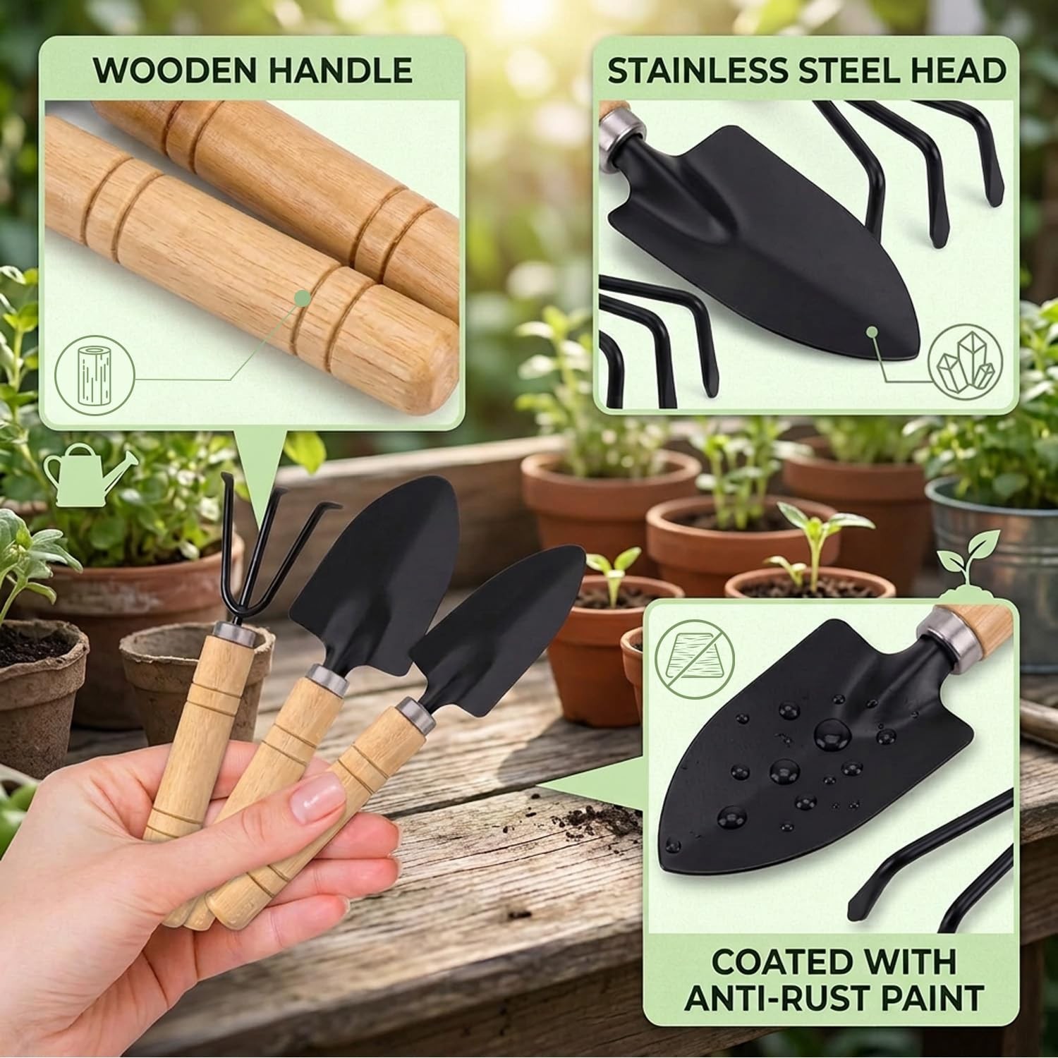 Mini Garden Tools Set with Wooden Handles, 3-Piece Succulent Planting Kit, Sp…