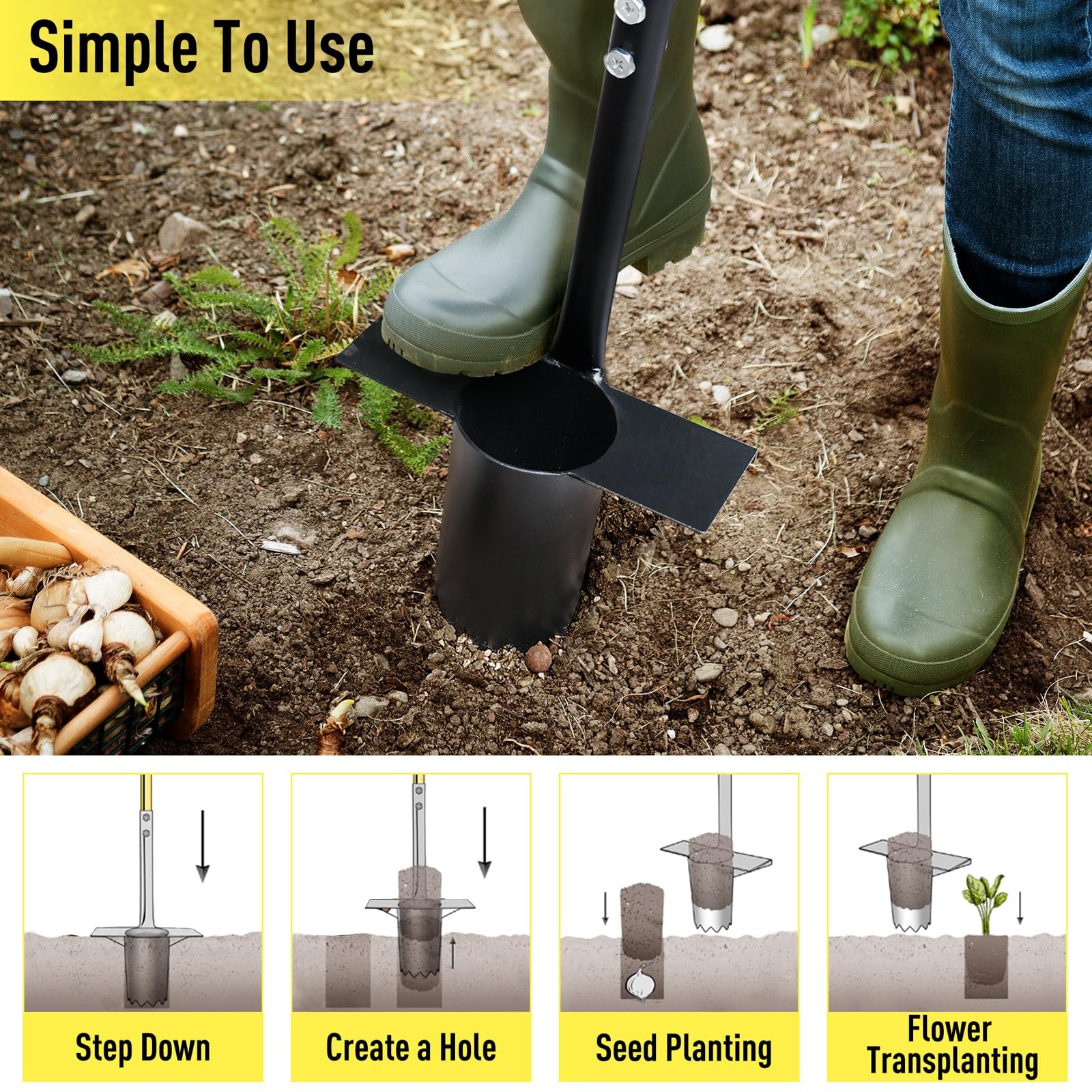 Jardineer 2PCS Bulb Planter Tools Set, Long Handle Garden black set