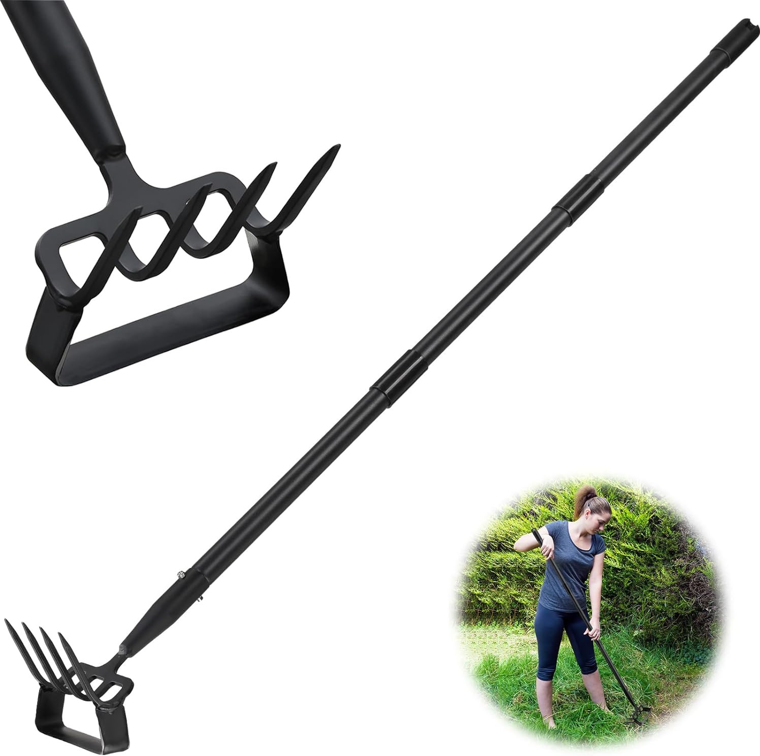 Garden Cultivator Weed Stirrup Hula Hoe Rake with 46″ ~ 73″ long Steel Handle