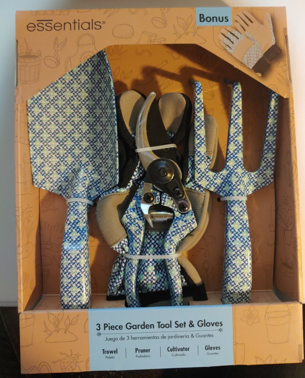 Essentials 3-piece Garden Tools Set Bonus Gloves Trowel, Pruner, Cultivator New