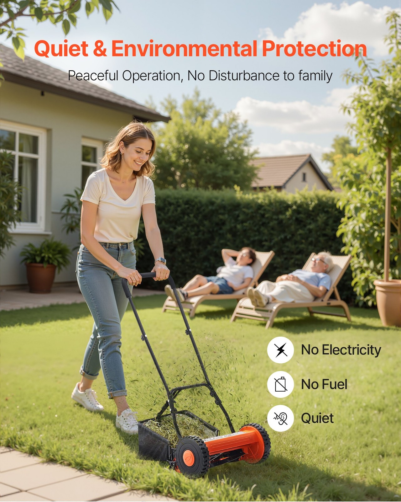 Push Reel Lawn Mower 16 inch,5 Blades Manual Push Mower No Motor,0.6-1.75 in Adj
