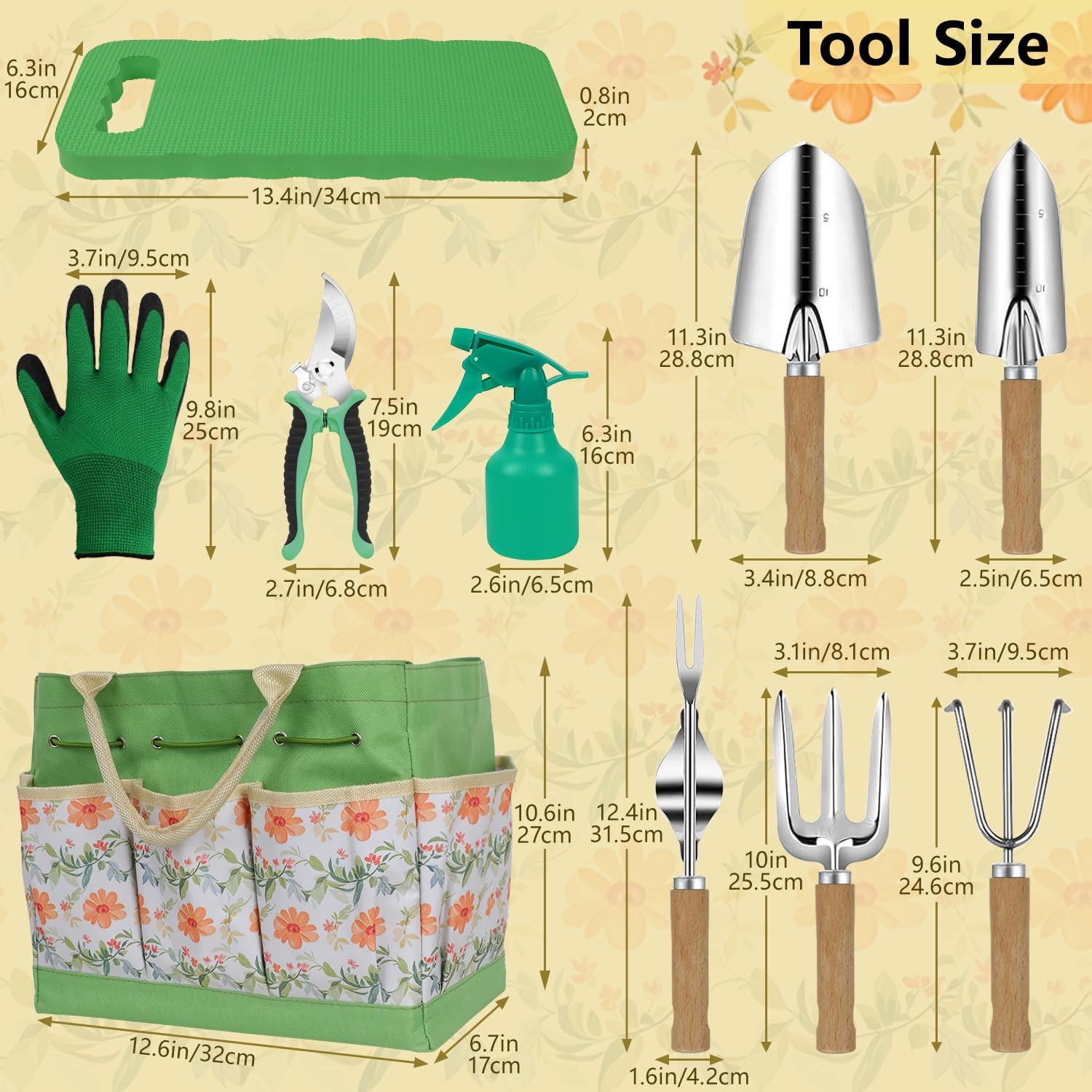10 PCS Gardening Tool Set Heavy Duty Wood Handle Yellow Floral Gift Bag
