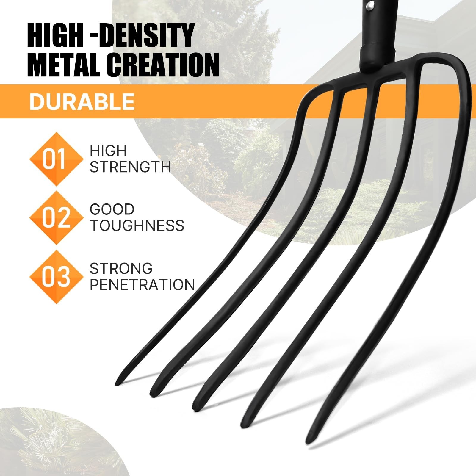 5-Tine Pitchfork for Gardening, 57-Inch Heavy Duty Garden Fork with Orange Fi…