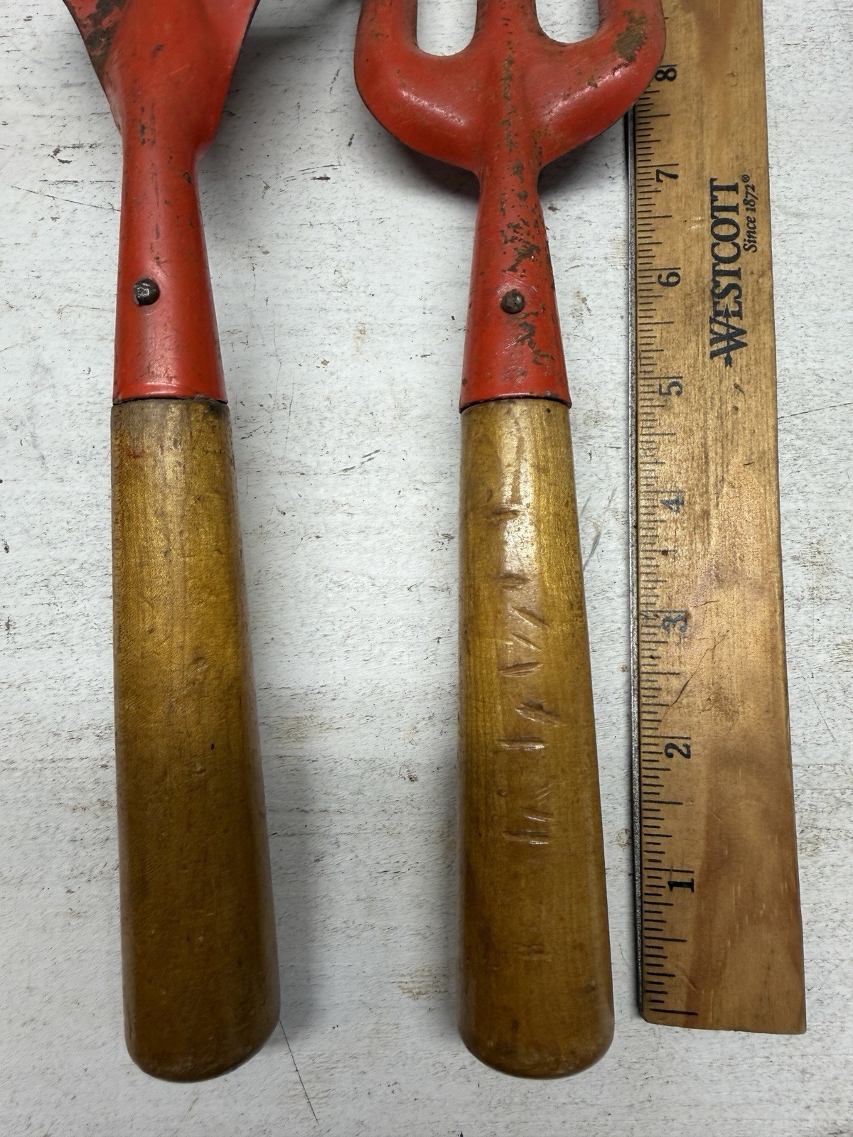 Vintage Garden Fork & Cultivator 1960s Orange Painted Metal & Wood Hand Tools