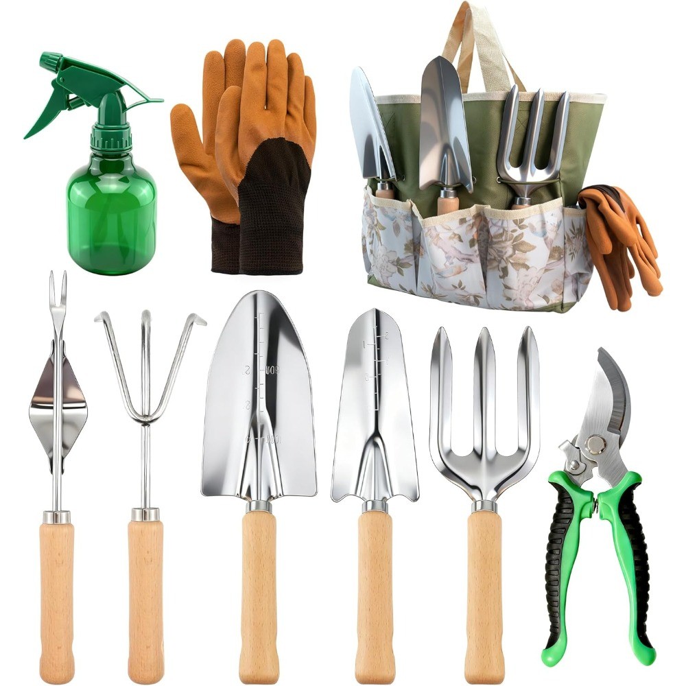 9-Piece Garden Tool Set, Stainless Steel Hand Tools Kit with Tote Bag